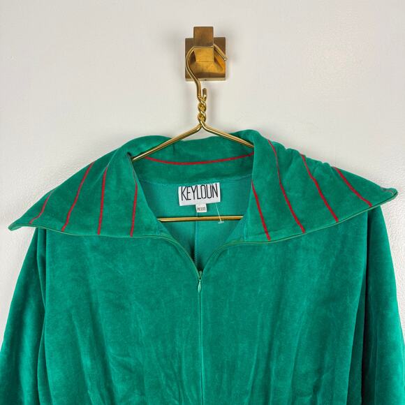 Vintage 80s Keyloun Green Velour Jumpsuit Zip-Up Collar Striped Holiday NWT P - Picture 4 of 9